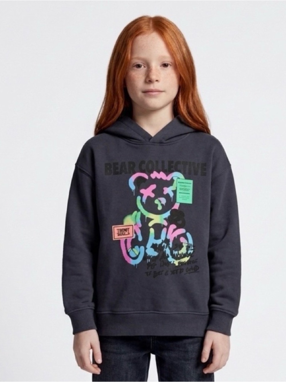 Zara Black Hoodie with Neon Multicolor Teddy Graphic